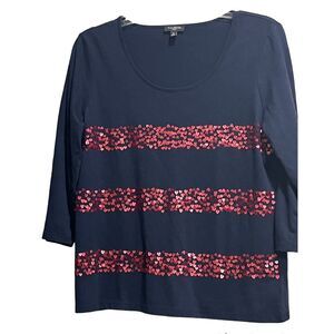 Talbots Petites Women's Top Mp 3 quarter length sleeve scoop neck navy hearts